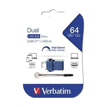 USB flash disk Verbatim 49967 Dual, USB flask disk OTG, USB 3.0 + USB C, 64GB, s poutkem, modrý
