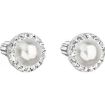 Stříbrné náušnice pecka s krystaly Swarovski a bílou perlou kulaté 31314.1