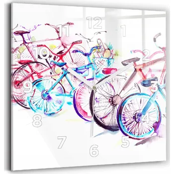 Hodiny Skleněné nástěnné hodiny do kanceláře s grafikou Barevná městská kola 30x30 cm