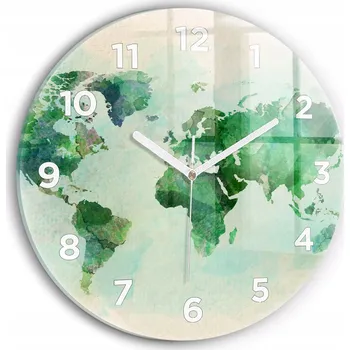 Hodiny Moderní skleněné nástěnné hodiny s potiskem Akvarelová mapa světa průměr 30 cm