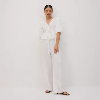 Reserved - Muselinové kalhoty s páskem - bílá - 1071P-00X - 1071P-00X-XL