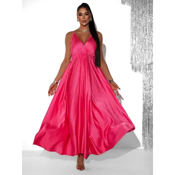 Dámské šaty Růžové dlouhé saténové šaty PERFECTLY s výstřihem