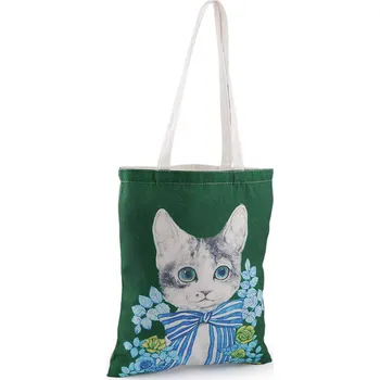 Textilní taška bavlněná kočka 34x40 cm, barva 5 zelená tmavá květy