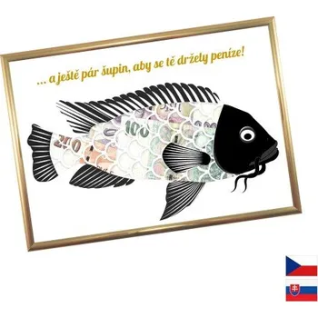 Žertovný předmět Rámeček na darování peněz - Vánoční kapr, Nápis česky, Rámeček 203 - zlatá metalická