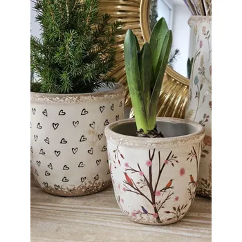 Květináč Béžový keramický obal na květináč s květy a ptáčky Birdie XS - Ø 11*10 cm