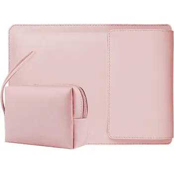 Pouzdro na mobilní telefon 2v1 obálka se stojánkem a taštičkou na příslušenství pro MacBook do 16" - růžová