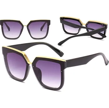 Sluneční brýle Dámské Oversize Sluneční Brýle s Kočičíma Očima, Čtvercový Tvar, Plast a Zlaté Kovové Vložky, UV400 Filtr
