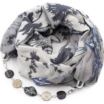 Šála Šála s bižuterií bavlněná - šedo-bílá s potiskem