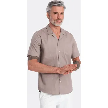 Pánská košile Pánská košile s krátkým rukávem a kubánským límcem - tmavě béžová V3 OM-SHSS-0168 - S