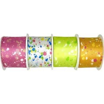 Stuha set 4x Stuha taftová COLOR SPLASH růžová, bílá, zelená, oranžová 4x (40mm x 2m) (Stuha taftová, jednostranný potisk, tenkým vlascem v lemu, sada čtyř barev)