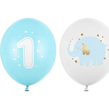 Balónek PartyDeco Balonek latex číslo 1 a slon modro-bílý mix 30 cm, 1 ks