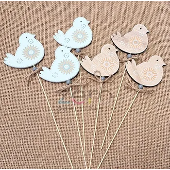 Party dekorace Zápich ptáček dřevěný (6 ks) - bílá/přírodní malovaný