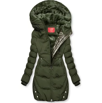 Olivově zelená zimní bunda se stříbrným lemem