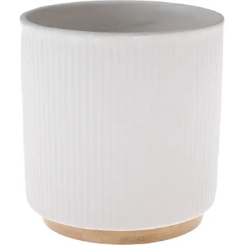 Biokrb Keramický květináč s bambusovým podstavcem bílá, 15 x 12 cm