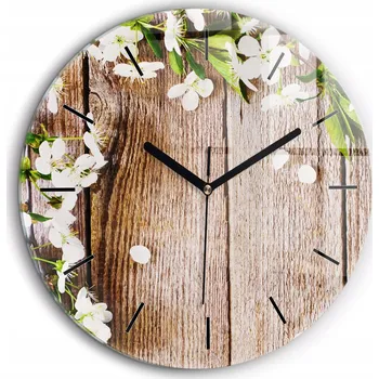 Hodiny Moderní skleněné nástěnné hodiny Květiny na dřevě černé ručičky průměr 60 cm