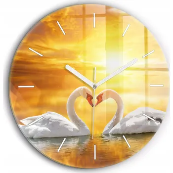 Hodiny Moderní skleněné nástěnné hodiny Zamilované labutě bílé ručičky průměr 60 cm
