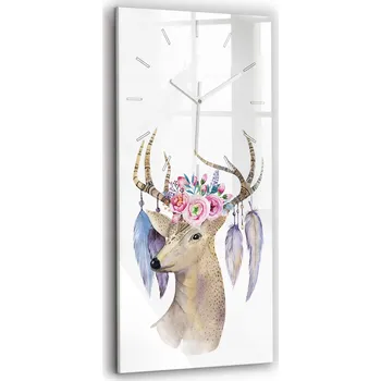Obraz Minimalistické Skleněné Foto Hodiny na Zeď Hlava jelena a květiny 30x60 cm