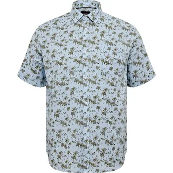 Pánská košile lněná 51111 NORTH světle modrá potisk palmy krátký rukáv 3XL - 8XL NORTH - 5XL