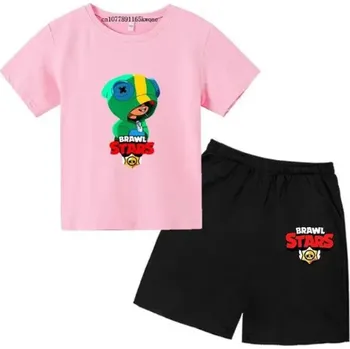 Brawl Stars Dětský letní set - tričko + černé kraťasy s motivem "Brawl Stars" Barva: černé kraťasy + růžové tričko, Velikost: 160