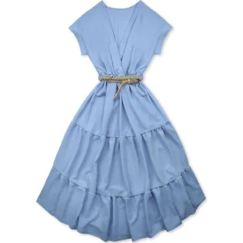 Dámské šaty Světle modré midi letní šaty s páskem