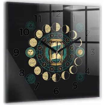 Hodiny Skleněné nástěnné hodiny do kanceláře s motivem fází měsíce a přesýpacích hodin 60x60 cm