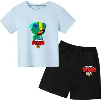 Brawl Stars Dětský letní set - tričko + černé kraťasy s motivem "Brawl Stars" Barva: černé kraťasy + sv. modré tričko, Velikost: 110