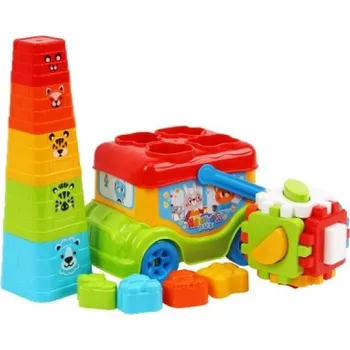 Hračka pro nejmenší Autobus/vkládačka 20cm volný chod + pyramida skládací kalíšky 5ks a kostka vkládací