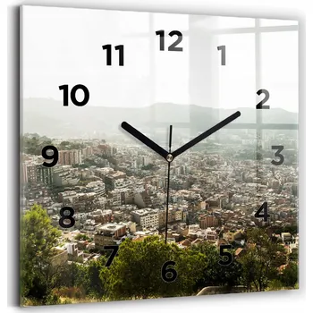 Hodiny Nástěnné Čtvercové Skleněné Hodiny Do Kanceláře Barcelona pohled na Montjuic 30x30 cm