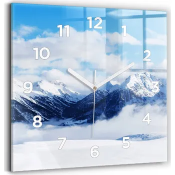 Hodiny Čtvercové Skleněné Nástěnné Hodiny do Kanceláře s Motivem Horského Panoráma 30x30 cm