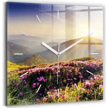 Hodiny Čtvercové Skleněné Nástěnné Hodiny do Kanceláře s Motivem Horská Krajina 30x30 cm