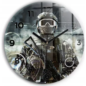 Hodiny Minimalistické skleněné nástěnné hodiny s motivem vojáka se zbraní, průměr 30 cm
