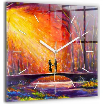 Hodiny Skleněné nástěnné hodiny do kanceláře se stylovým potiskem Pár v lese 60x60 cm