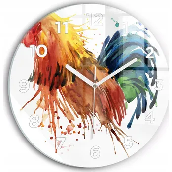 Hodiny Moderní skleněné foto hodiny na zeď Barevný kohout kulatý průměr 30 cm