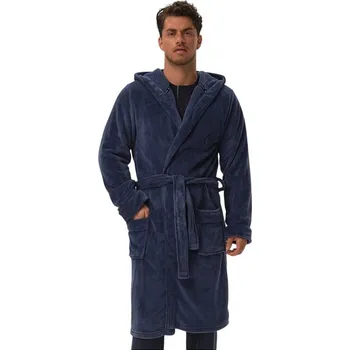 Pánský župan Hřejivý pánský župan Hood modrý s výšivkou XL