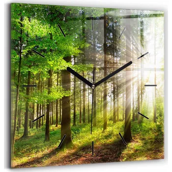 Hodiny Minimalistické Čtvercové Skleněné Hodiny Nástěnné Les východ slunce 30x30 cm