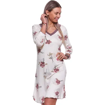 Dámská noční košile Béžová a hnědě květovaná luxusní jemná noční košilka pro ženy s 3/4 rukávy 1D1485 béžová s