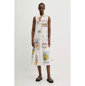 Dámské šaty Bavlněné šaty Desigual BARCELONA bílá barva, midi, 25SWVW42 00X, vel. XS