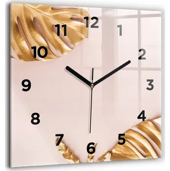 Hodiny Skleněné nástěnné hodiny do obýváku s grafikou Zlaté tropické listy 60x60 cm