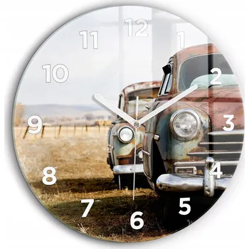 Hodiny Tiché skleněné nástěnné hodiny Stará auta bílé ručičky kulatý průměr 60 cm