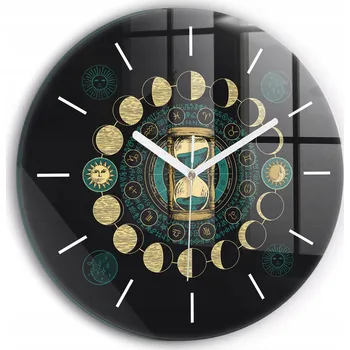 Hodiny Tiché skleněné hodiny s potiskem Fáze měsíce a přesýpacími hodinami průměr 30 cm