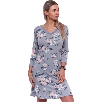 Dámská noční košile Modrošedá, modře, růžově a bíle květovaná luxusní jemná noční košilka pro ženy s 3/4 rukávy 1D1484 modrá s