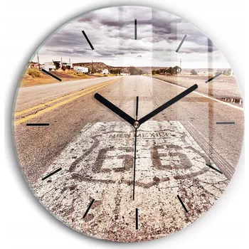 Hodiny Moderní skleněné foto hodiny na zeď s tichým mechanismem Route 66 USA průměr 30 cm