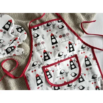 Chňapka Sada dětská zástěrka + 2x chňapka ptáčci s domečky