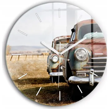 Hodiny Tiché skleněné nástěnné hodiny Stará auta bílé ručičky kulatý průměr 60 cm