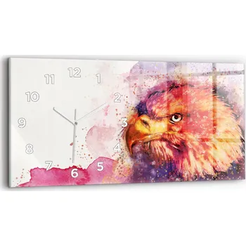 Hodiny Minimalistické skleněné nástěnné hodiny s akvarelovým motivem a pozadím orla, 60x30 cm
