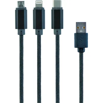 Kabel do PC GEMBIRD Kabel USB A Male/Micro B + Type-C + Lightning, 1m, opletený, černý, blister