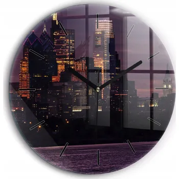 Hodiny Skleněné nástěnné hodiny Panorama města Philadelphia černé ručičky průměr 60 cm
