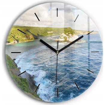 Hodiny Moderní skleněné hodiny s grafikou na zeď Pobřeží oceánu kulatý průměr 30 cm