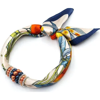 Šátek Šátek s bižuterií Letuška - béžovo-modrý s potiskem