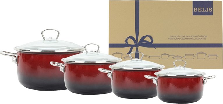 BELIS Smaltovaná sada nádobí 8-dílná - PREMIUM OMBRÉ červený